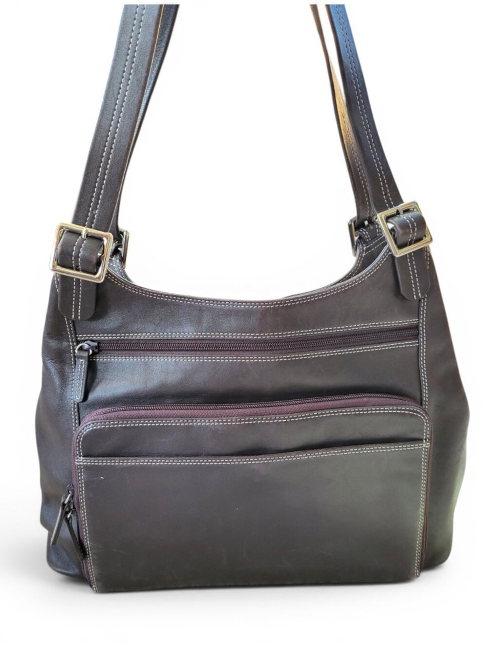 Levenger Chocolate Brown Leather Shoulder Bag Purse with Tons of Storage